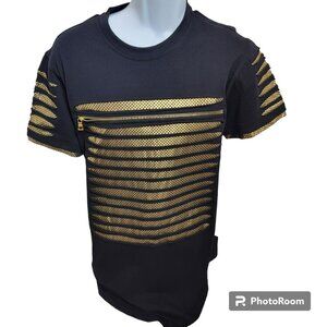 Switch Shirt, Men Med, Black w/Gold Stripes, Zipper Accent, 100% Cotton, EUC